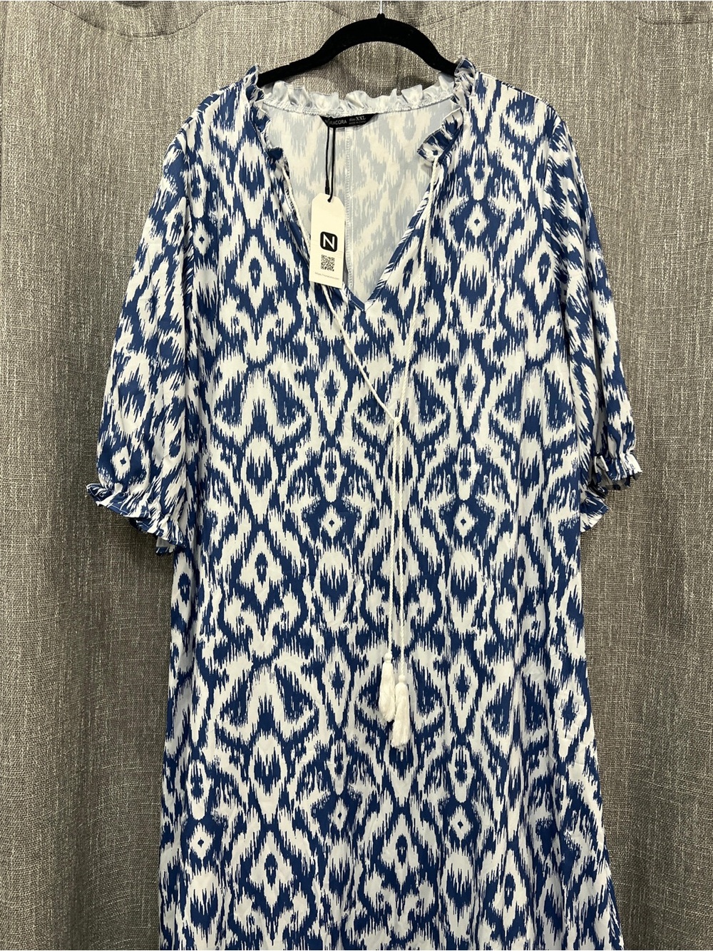 Blue & White Ikat Midi Dress with Tassel Tie